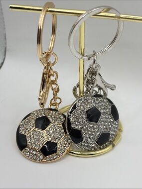 Crystal Soccer Ball Keyring Keychain - Black and Gold or Silver
